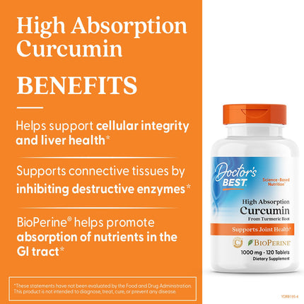 Doctor's Best Curcumin from Turmeric Root with C3 Complex & BioPerine - 1000 mg, 120 Tablets | Joint Support