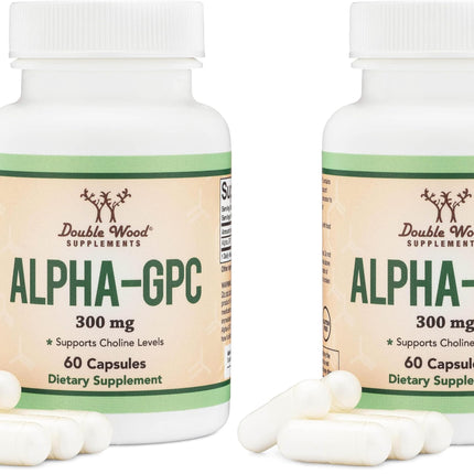 Double Wood Alpha GPC Choline Brain Supplement – 60 Count, 600 mg – Memory, Focus & Brain Support (USA Made) Pack of 2