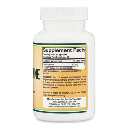 Double Wood Benfotiamine 300mg Servings – 2-Pack, 120 Capsules per Bottle, Third-Party Tested, Non-GMO