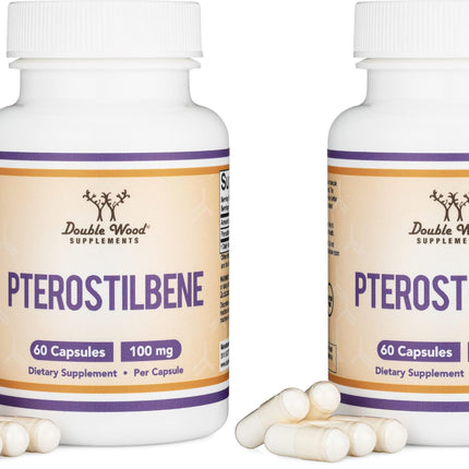 Double Wood Pterostilbene 100mg Capsules – 60 Count Pack of 2 | Third-Party Tested, Non-GMO, Gluten Free