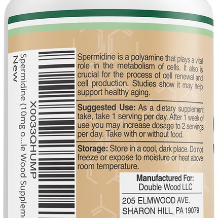 Double Wood Spermidine Supplement 10 mg (99% Spermidine 3HCl) – 120 Capsules – Third-Party Tested
