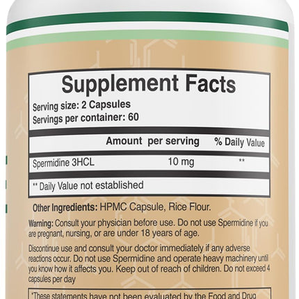 Double Wood Spermidine Supplement 10 mg (99% Spermidine 3HCl) – 120 Capsules – Third-Party Tested