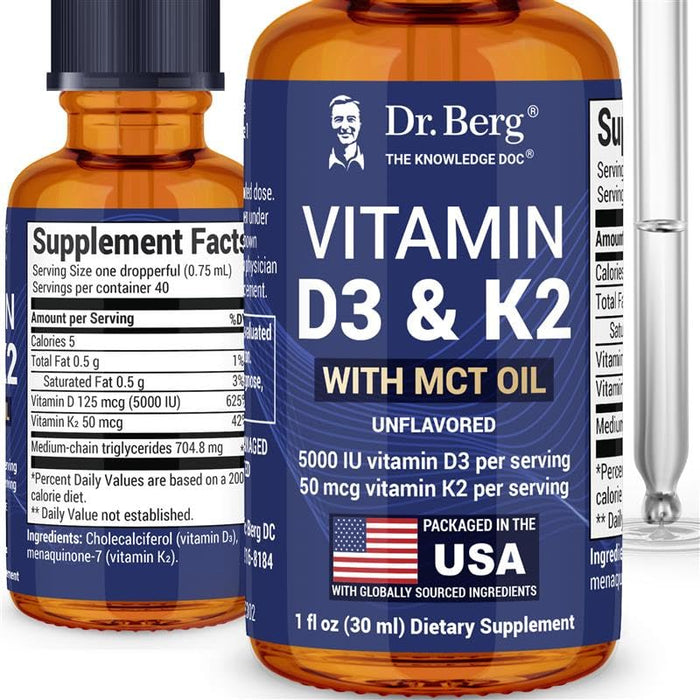 Dr. Berg D3 K2 Liquid Drops with MCT Oil – 5000 IU, Unflavored (1 fl oz)