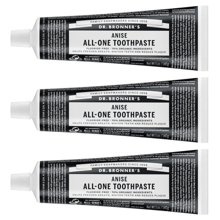 Dr. Bronner’s All-One Toothpaste (Anise, 5 oz, 3-Pack) - 70% Organic, Fluoride-Free, SLS-Free, Vegan