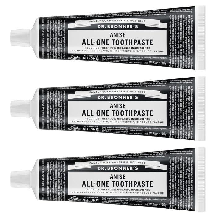 Dr. Bronner’s All-One Toothpaste (Anise, 5 oz, 3-Pack) - 70% Organic, Fluoride-Free, SLS-Free, Vegan