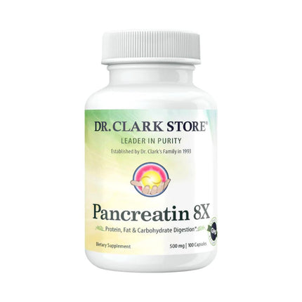 Dr. Clark Pancreatin 8X Enzyme Supplement 500mg – Digestive Enzymes for Protein, Fat & Carbs Support | 100 Gelatin Capsules