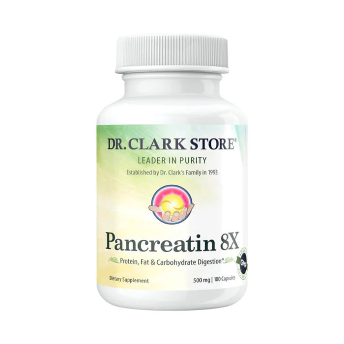 Dr. Clark Pancreatin 8X Enzyme Supplement 500mg – Digestive Enzymes for Protein, Fat & Carbs Support | 100 Gelatin Capsules