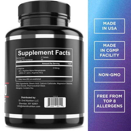 Dr. Emil L-Arginine 3150mg | 90 Tablets | Nitric Oxide, Vascularity & Heart Health