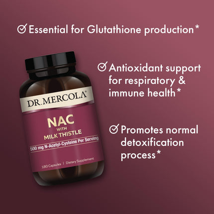 Dr. Mercola NAC with Milk Thistle - 500 mg NAC per Serving, 180 Capsules | Non-GMO, Gluten-Free & Soy-Free