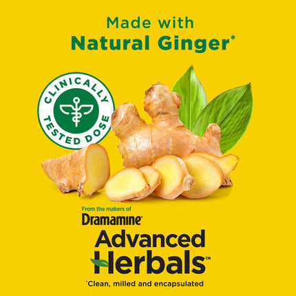 Dramamine Advanced Herbals Motion Sickness Non-Drowsy Capsules – Ginger Relief, 18 Count, 2 Pack