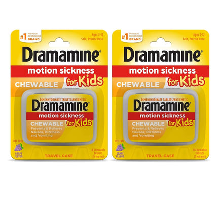 Dramamine Motion Sickness Relief for Kids — Grape Chewables, 8 Count (Pack of 2)