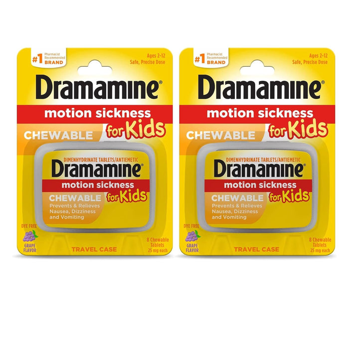 Dramamine Motion Sickness Relief for Kids — Grape Chewables, 8 Count (Pack of 2)