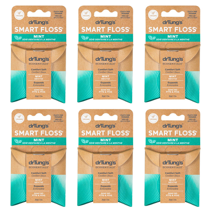 drTung's Smart Floss Mint - Expanding Dental Floss for Gums, PTFE & PFAS Free, Organic Mint, Pack of 6