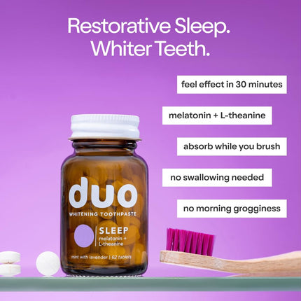 Duo Sleep Toothpaste Tablets with Melatonin & Nano-Hydroxyapatite | Whitening, Remineralize & Sensitivity Relief | Plastic-Free Bottle | Mint-Lavender