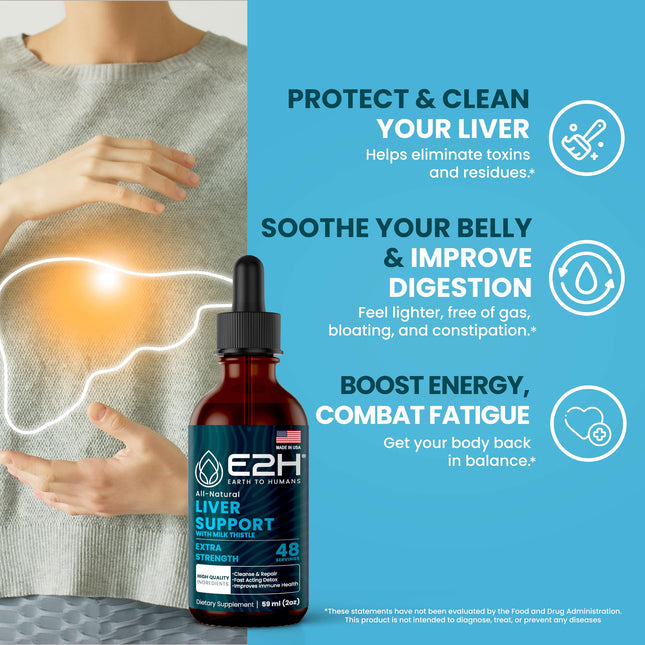 E2H Liver Support Liquid Drops – Milk Thistle Detox with Artichoke & Dandelion | 3 Bottles