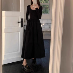 Square Collar Knitted Dress Women's Waist A- Line Long Skirt