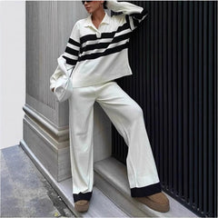 Fashion Women's Casual Polo Collar Striped Knitted Contrast Color Two-piece Set