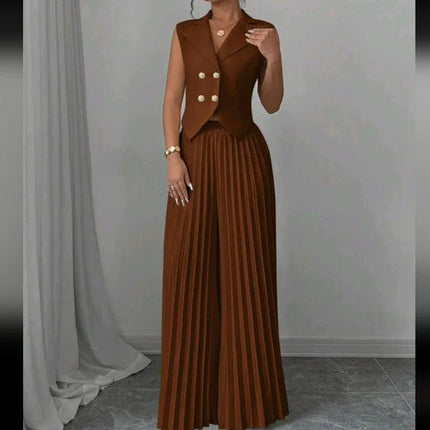 Summer Sleeveless Suit Fashion Lapel Button Vest Top And Pleated Straight Pants Women's Trousers Set Clothing