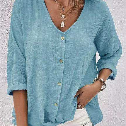 V-neck Long-sleeved T-shirt Fashion Solid Color Button Top Casual Loose Clothing For Women