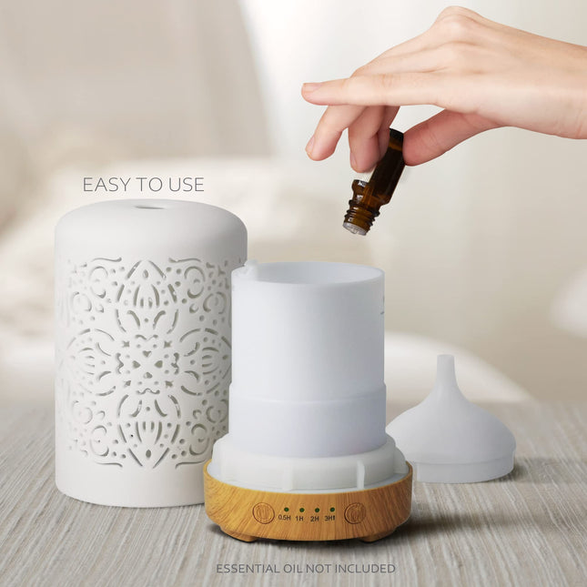 Earnest Living White Ceramic Essential Oil Diffuser 100ml – Auto Off, Timers & Night Light