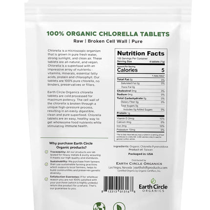 Earth Circle Organics Organic Chlorella Tablets 400 Count – High Potency, Broken Cell Wall, Vegan & Kosher | Pack of 3
