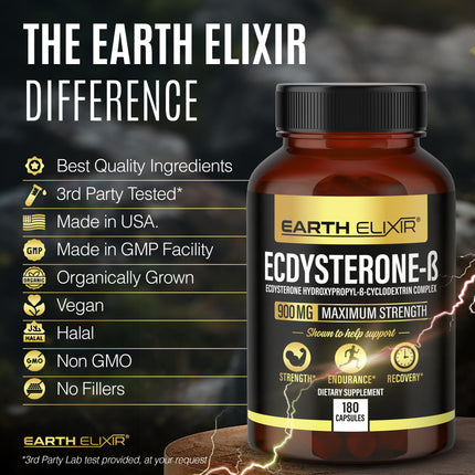 Earth Elixir Ecdysterone 900mg (180 Caps) – Made in USA | 95% Beta Ecdysterone