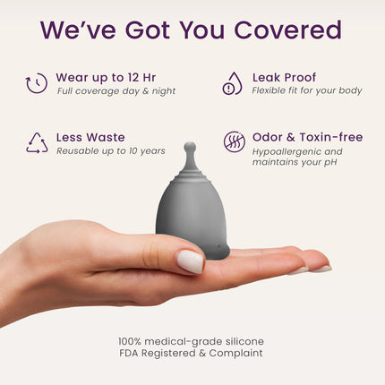 EcoBlossom Reusable Menstrual Cup & Case — Medical-Grade Silicone, 12-Hour Leak-Proof, Pack of 2 (Small & Large, Gray)