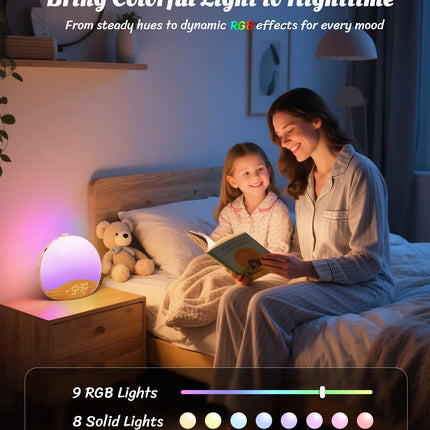 ecozy Wood Grain Sunrise Alarm Clock with 26 Sounds, 17 Night Lights, Bluetooth