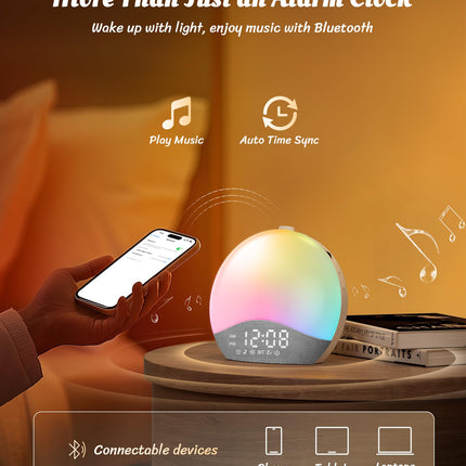 ecozy Sunrise Alarm Clock — Gentle Sunrise, 26 Sounds, 17 Night Lights, Bluetooth Speaker