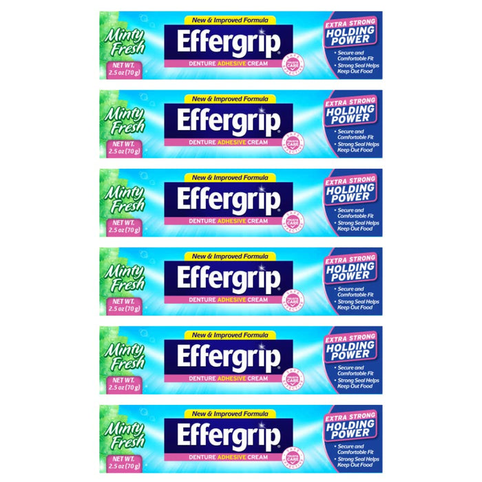 Effergrip Denture Adhesive Cream – Extra Strong Hold, Zinc Free, ADA Seal, 2.5 oz (Pack of 6)
