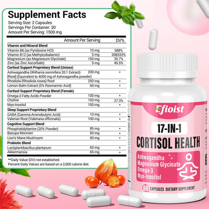 Efioist Cortisol Support for Women — 17-in-1 Hormone Harmony, Mood & Sleep | 60 Capsules