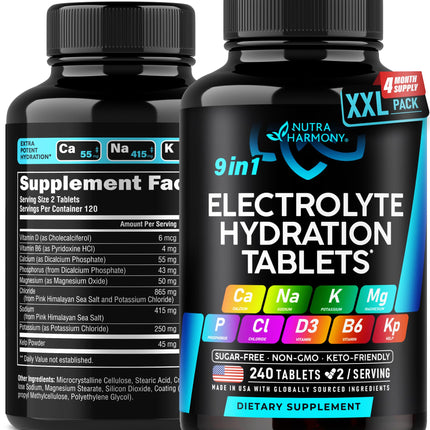 9-in-1 Electrolyte Tablets – Magnesium, Sodium, Potassium, D3 & B6, Kelp | Made in USA | 240 Tabs