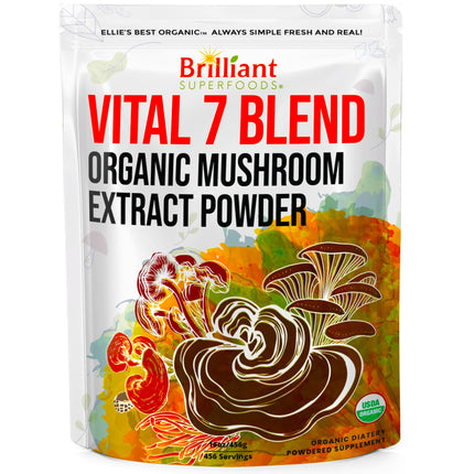 Ellie's Best 7 Mushroom Powder Extract Blend – Organic Reishi, Lion's Mane, Chaga, Turkey Tail, Cordyceps, Maitake & Shiitake – Double Extracted – 16oz / 456 Servings