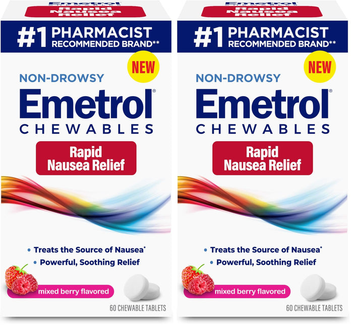 Emetrol Non-Drowsy Nausea Relief – Mixed Berry Chewables, 2-Pack (120 Tablets)