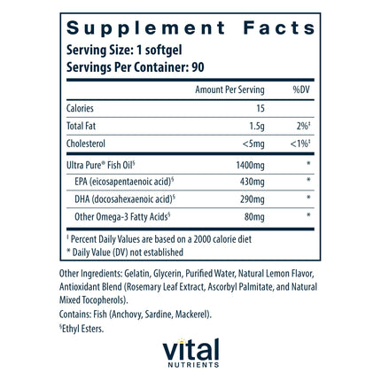 Vital Nutrients Ultra Pure Fish Oil 800 – High EPA & DHA Omega-3, Lemon, 90 Softgels