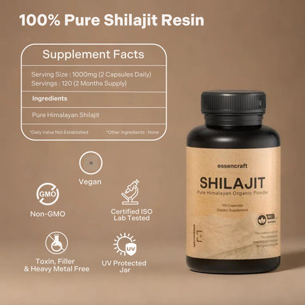 Essencraft Organic Himalayan Shilajit Resin Extract – 1000mg Max Potency, 85+ Minerals, Lab Tested, 2-Month Supply (120 Capsules)