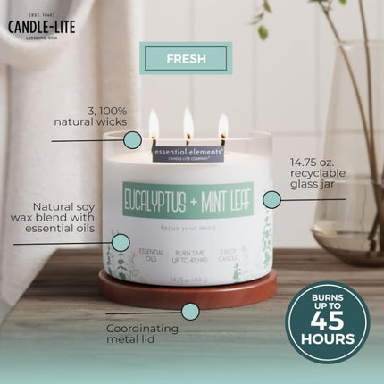 Essential Elements by Candle-lite – Eucalyptus & Mint Leaf Scented Candle, 14.75 oz, 3-Wick, 45 Hr Burn Time, Off-White