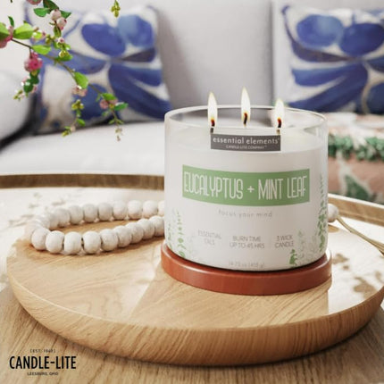 Essential Elements by Candle-lite – Eucalyptus & Mint Leaf Scented Candle, 14.75 oz, 3-Wick, 45 Hr Burn Time, Off-White
