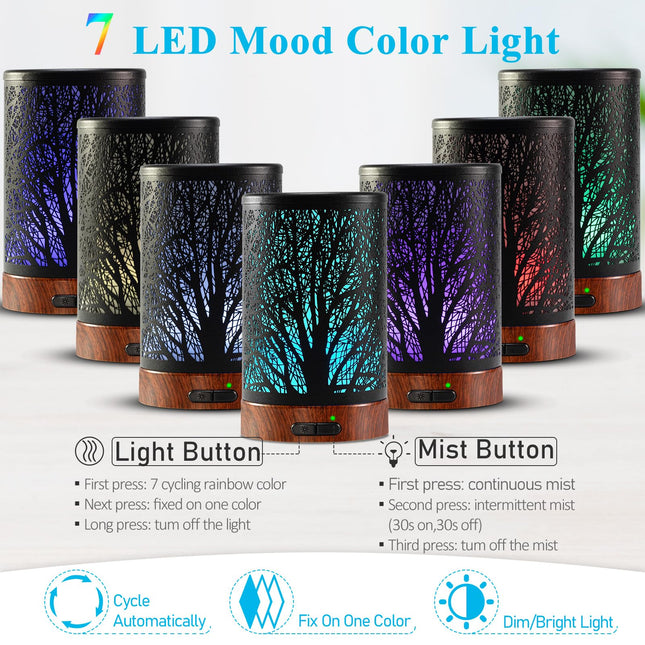 Essential Oil Diffuser 150ML – Ultrasonic Metal Diffuser with Auto Shut-Off and 7-Color LED Lights