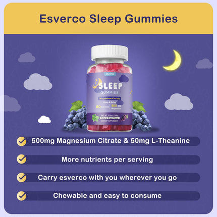 esverco Sleep Gummies | 500mg Magnesium Citrate + L-Theanine for Sleep & Relaxation | Vegan, Grape, 120 Count