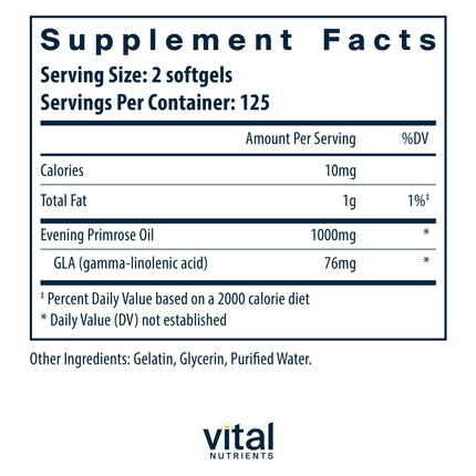 Evening Primrose Oil 1000mg – Vital Nutrients | 250 Softgels