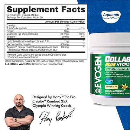 Evogen Collagen Plus Hydration – Grass-Fed Collagen for Skin & Joints | Vanilla Bean