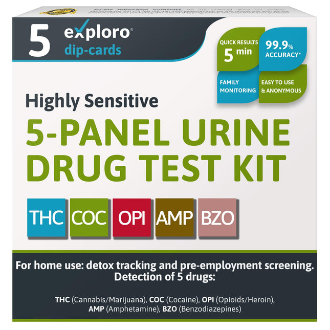Exploro 5 Panel At-Home Drug Test Kit – Urine Test for THC, Cocaine, Opiates, Amphetamines and Benzodiazepines