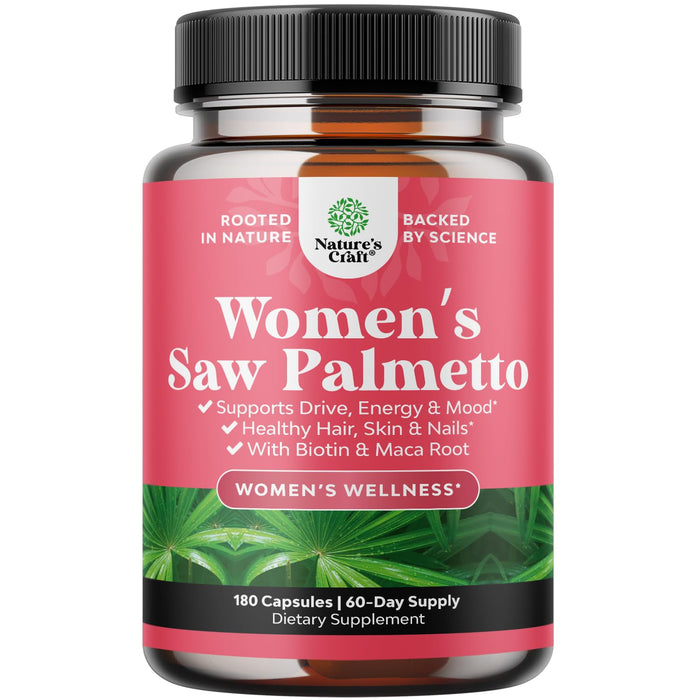 Nature's Craft Extra Strength Saw Palmetto for Women – 500mg, Maca & Biotin, 180 Capsules