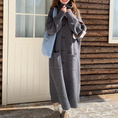 Women's Horn Button Cardigan Sweater - Mid-Length Turn-Down Collar Coat