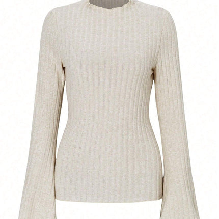 Long Sleeve Round Neck Brushed Sunken Stripe Solid Color Slim Fit Top