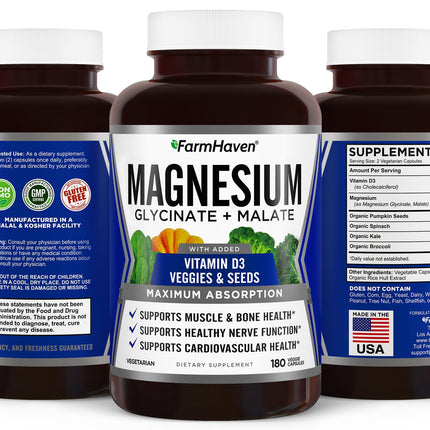 FarmHaven Magnesium Glycinate & Malate Complex with Vitamin D3 - 180 Capsules