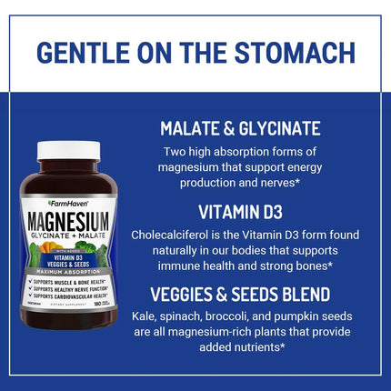 FarmHaven Magnesium Glycinate & Malate Complex with Vitamin D3 - 180 Capsules