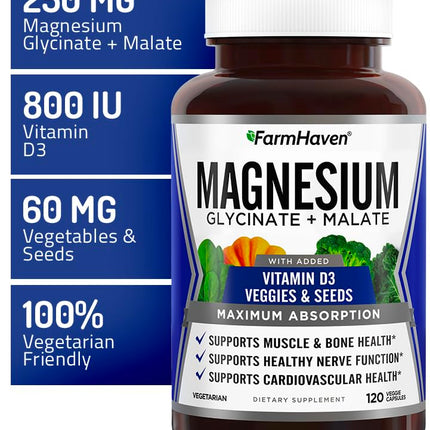FarmHaven Magnesium Complex – Chelated Glycinate + D3, 120 Caps