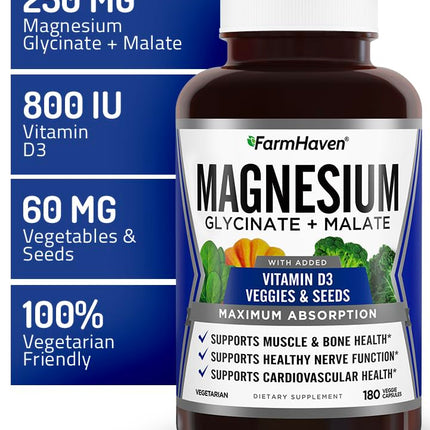 FarmHaven Magnesium Glycinate & Malate Complex with Vitamin D3 - 180 Capsules